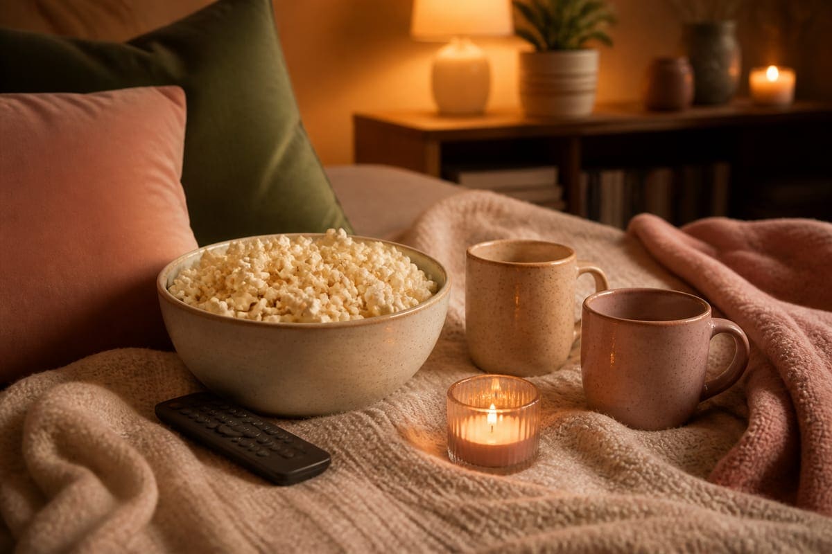 A cozy movie night scene with a bowl, remote, blanket, and warm lamp glow for Best Movies You Should Watch With Your Girlfriend.
