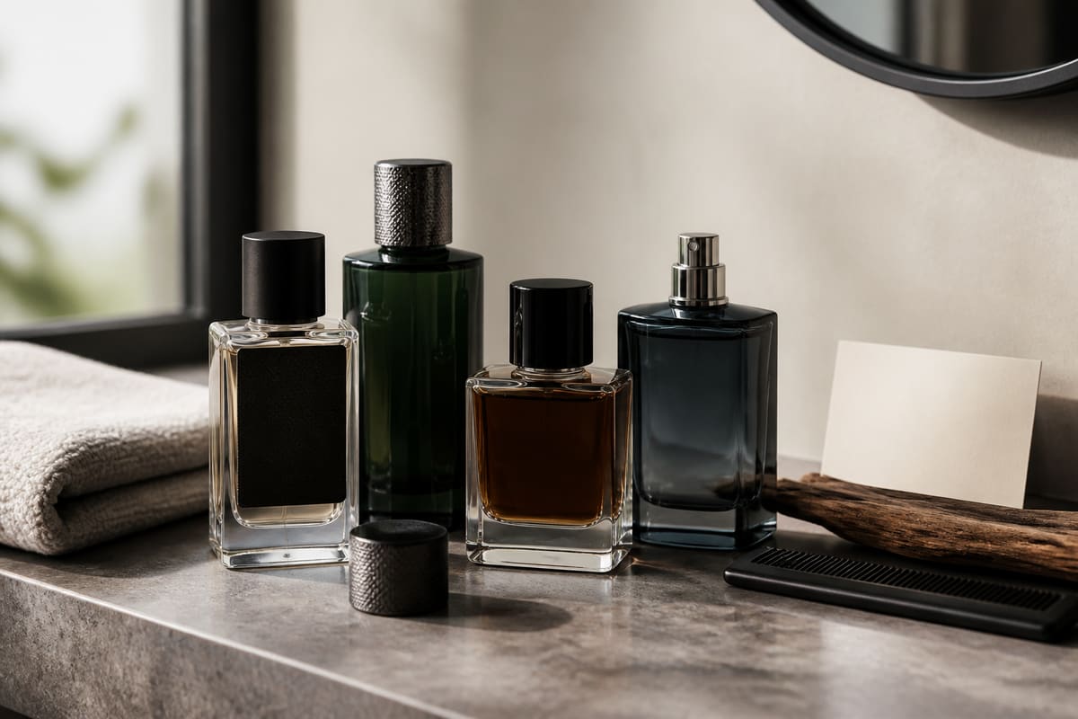Men's fragrance gift display with unbranded perfume bottles, grooming comb, cedar accent, folded towel, and blank gift card.