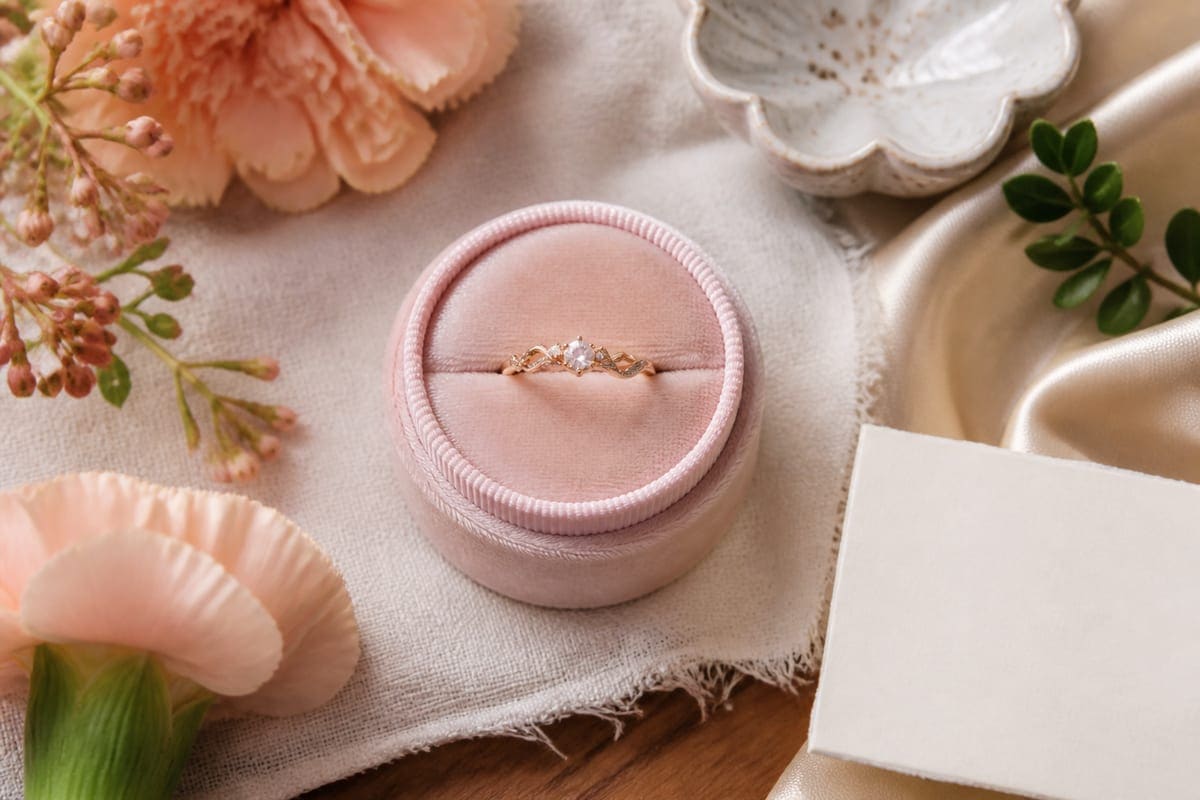 A delicate ring in an open velvet ring box beside a blank ivory card, champagne silk, and small flowers for The Best Promise Rings for Your Girlfriend.