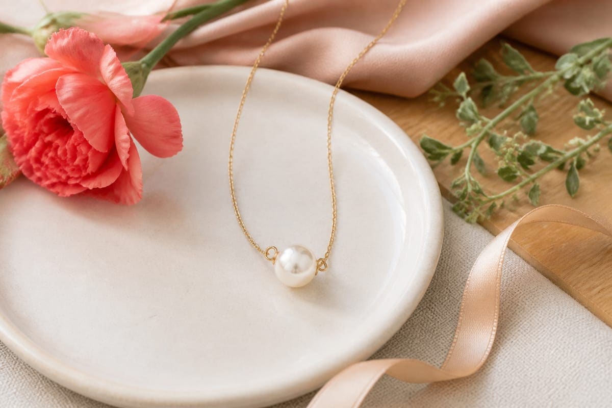 A necklace arranged on warm linen with a ceramic dish and a single flower stem for 10 Most Stunning Single Pearl Necklaces You Can Get Your Girlfriend.