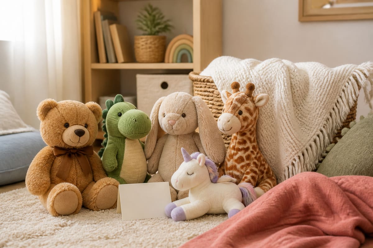 Cozy stuffed animal gift arrangement with teddy bear, plush dinosaur, bunny, giraffe, unicorn toy, blanket, and blank gift card.