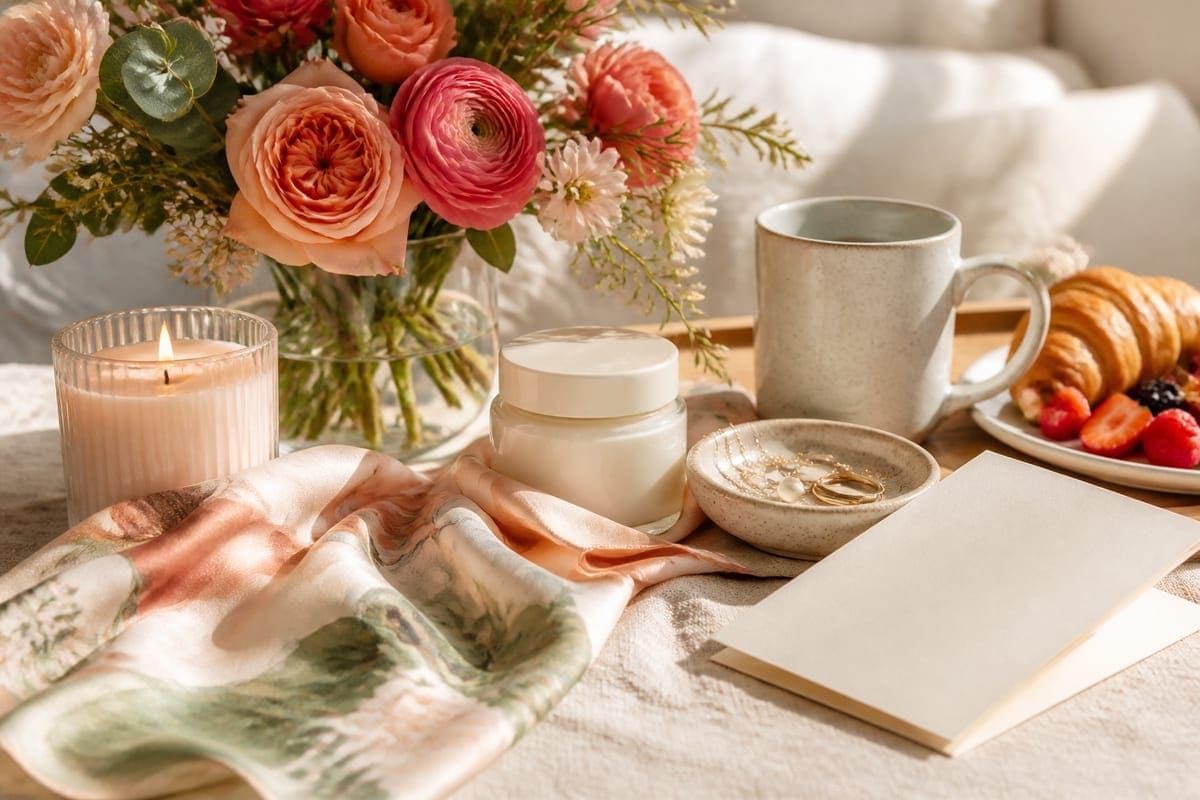 An elegant birthday breakfast scene with fresh flowers, a silk scarf, unbranded skincare jar, jewelry dish, candle, and blank card for Birthday Gifts for her.