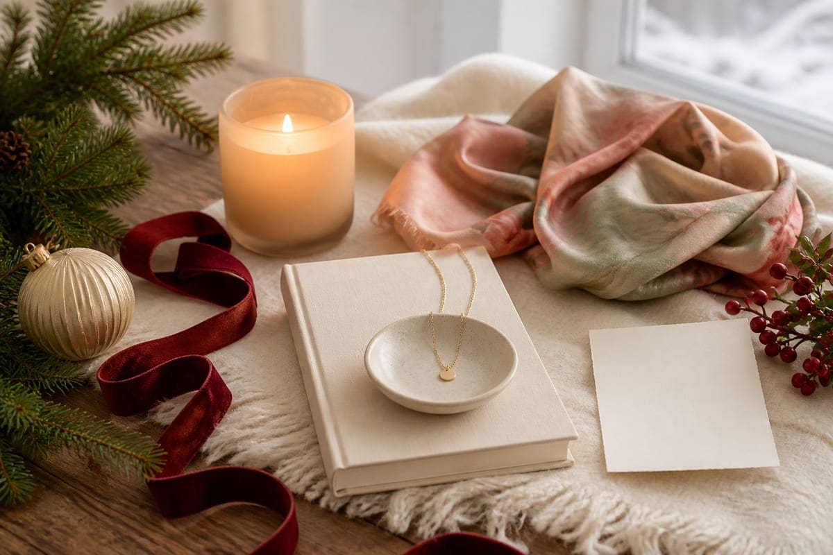 Occasion-themed thoughtful items arranged with flowers, stationery, and elegant wrapping details for What to Buy Your Girlfriend for Christmas This Year.