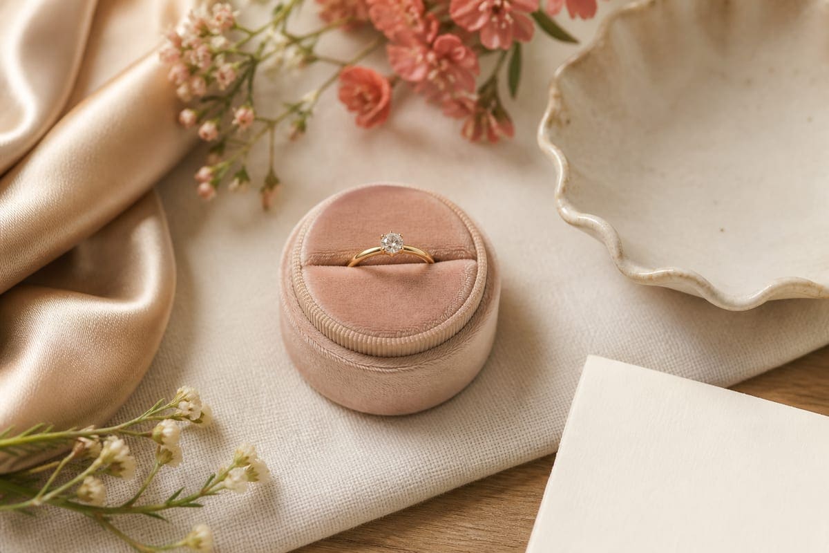 A delicate engagement ring in an open velvet ring box beside a blank ivory card, champagne silk, and small flowers for Cheap Diamond Engagement Ring For Your Girlfriend.