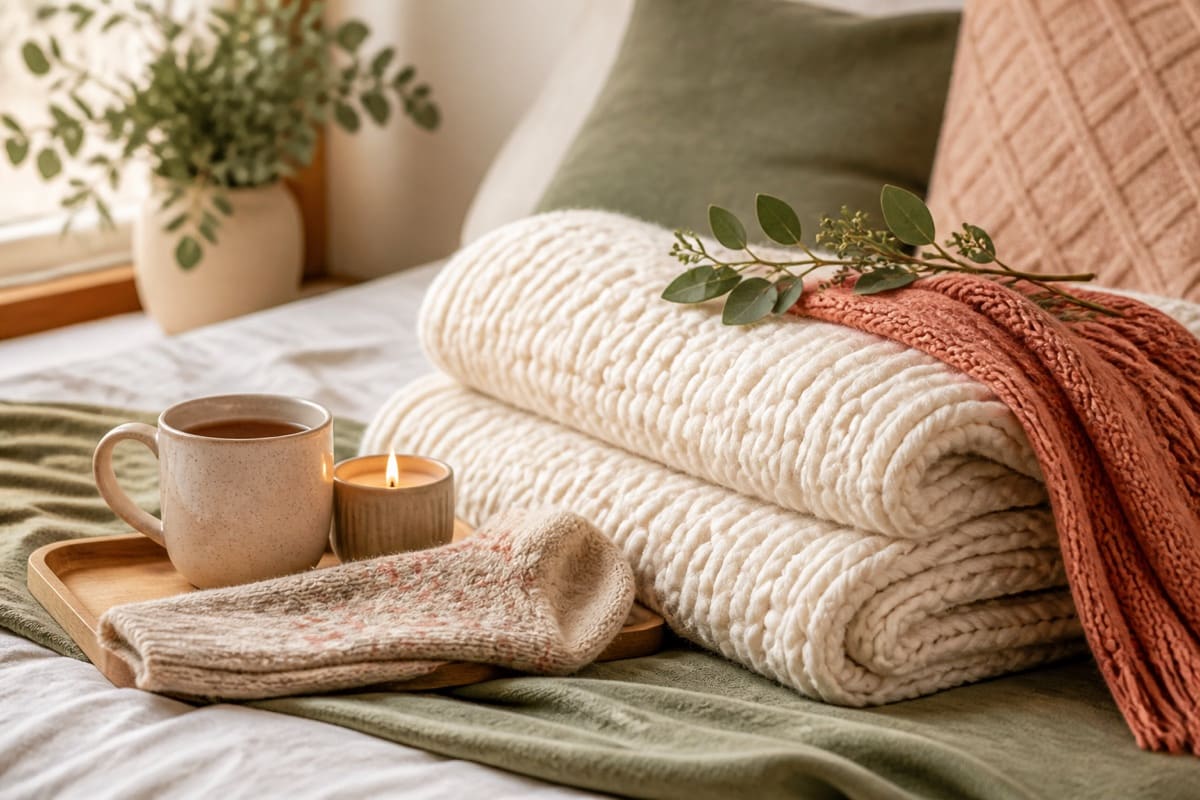 A cozy cold-weather arrangement with knit blanket, warm mug, socks, and candle for The Best Cuddly Blankets That You Can Gift To Your Girlfriend Or Wife.