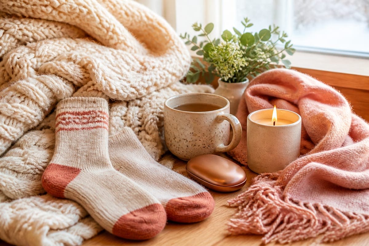 A cozy cold-weather arrangement with knit blanket, warm mug, socks, and candle for Gift Ideas For Your Freezing Girlfriend.
