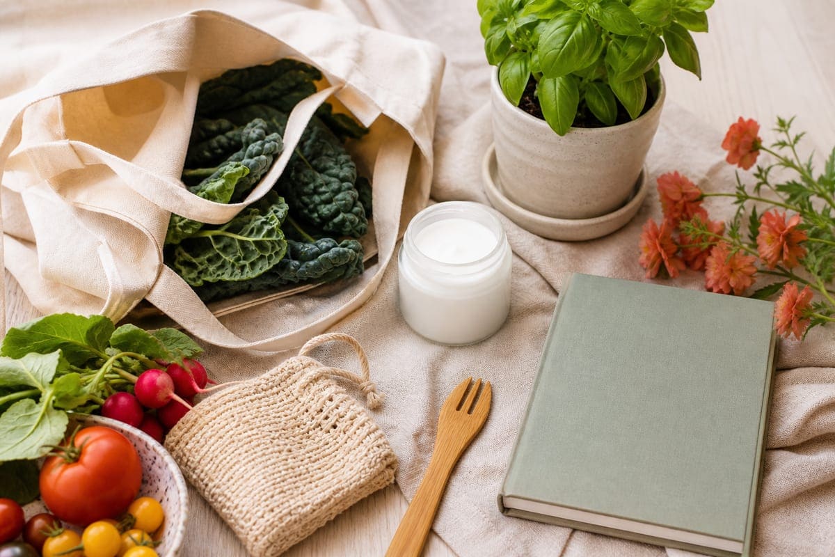 Plant-based self-care and kitchen items with fresh herbs, produce, and natural textures for Gift Ideas For Your Vegan Girlfriend.