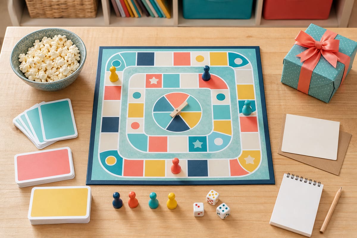 Kids board game gift setup with colorful game board, dice, player tokens, blank cards, spinner, snack bowl, and gift card.