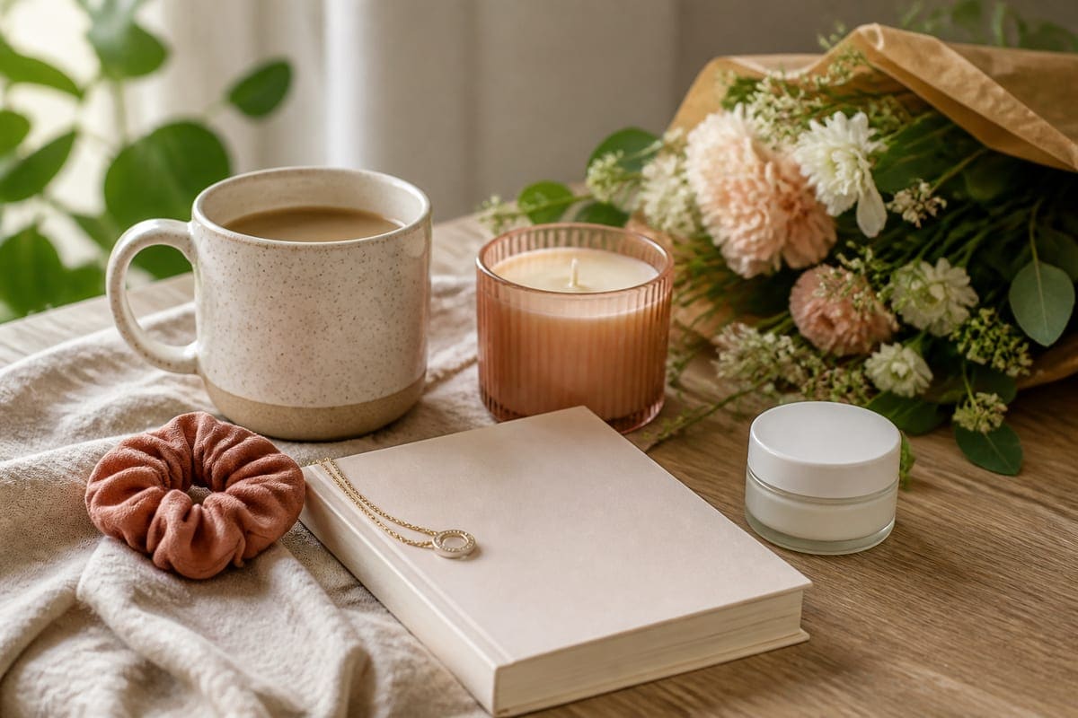 A budget-friendly but polished gift spread with a ceramic mug, candle, paperback book with blank cover, small accessory, skincare jar without label, and flowers for Girlfriend Gift Under $50: Gifts That You Just Can't Go Wrong With!.