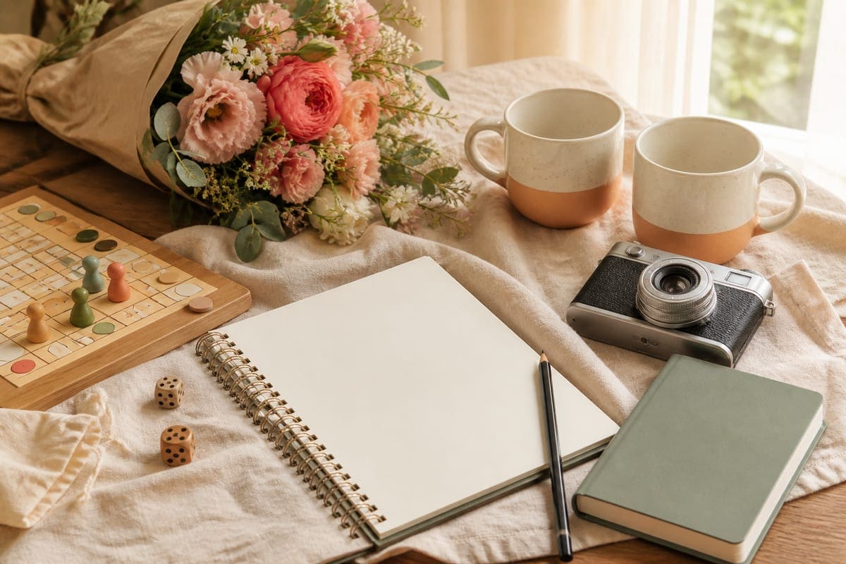 Shared hobby objects with a board game, sketchbook, camera, mugs, and travel notebook arranged on warm linen for Hobbies You Can Enjoy With Your Girlfriend.