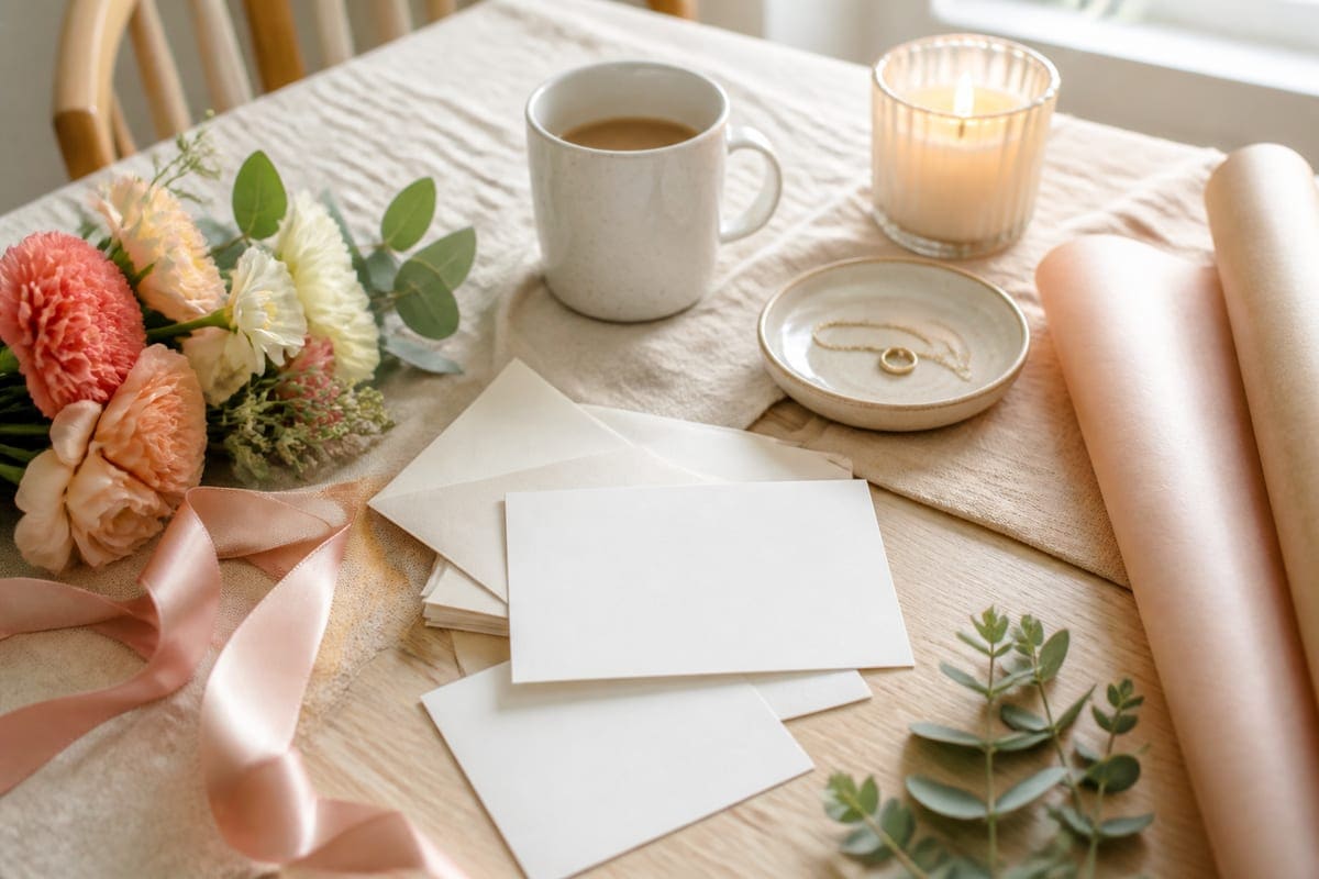 A birthday gift-planning desk with blank cards, flowers, ribbon, candle, and a small jewelry dish for How To Buy The Perfect Birthday Gift For Your Girlfriend.