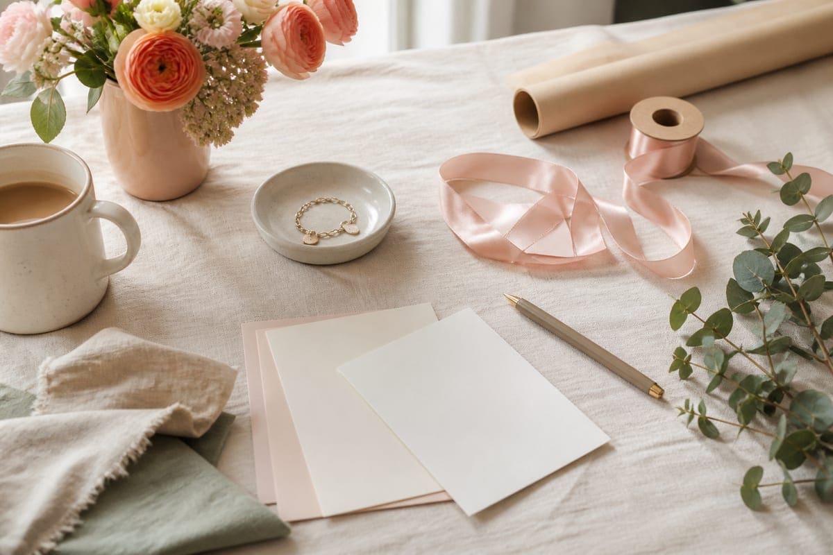 A thoughtful gift-planning desk with blank cards, ribbon, a small accessory, flowers, and coffee for How To Buy The Perfect Gift For Your Girlfriend.