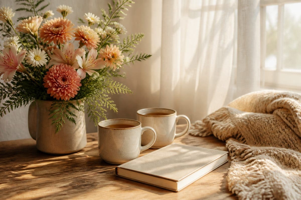 A gentle relationship scene with flowers, two mugs, a blank journal, and soft warm home light for How to Make A Girl Fall Inlove with You?.
