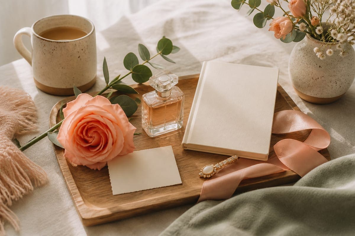 A romantic surprise gift edit with mini perfume without label, a blank-cover book, small accessory, flower, blank note, and ribbon for How To Surprise And Impress Your Girlfriend?.