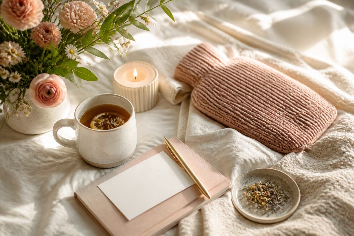 A caring comfort setup with herbal tea, heat pad, soft blanket, candle, flowers, and a blank note for How to Treat Your Girlfriend While on a Period.