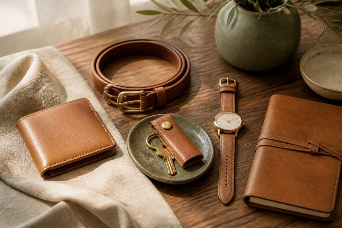 Premium leather accessories with a tan wallet, slim belt, key pouch, watch strap, and leather notebook on walnut and linen for Leather Gifts For Her.