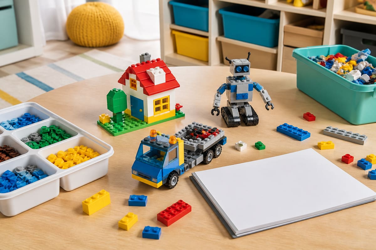Interlocking building brick gift setup with colorful bricks, small house, vehicle, robot, sorting tray, and blank instruction booklet.