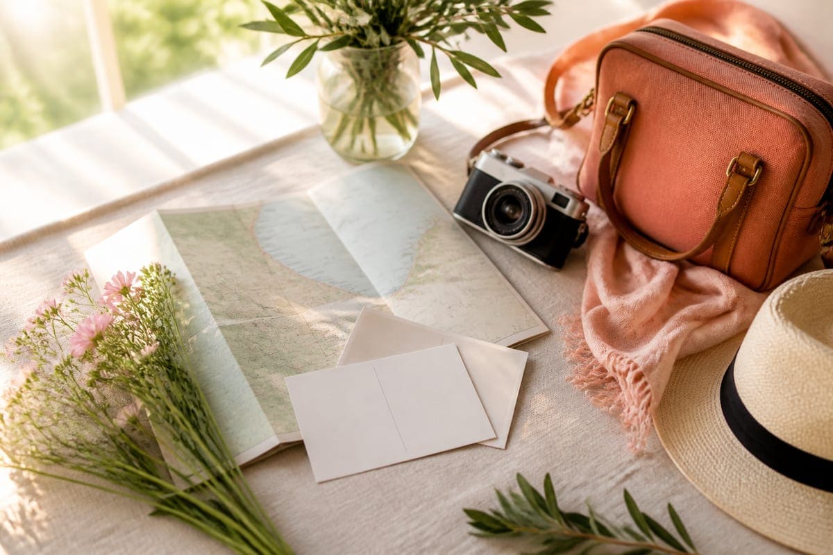 Travel and outdoor essentials with a map, compact bag, and natural greenery for Most Romantic Places To Travel With Your Girlfriend.