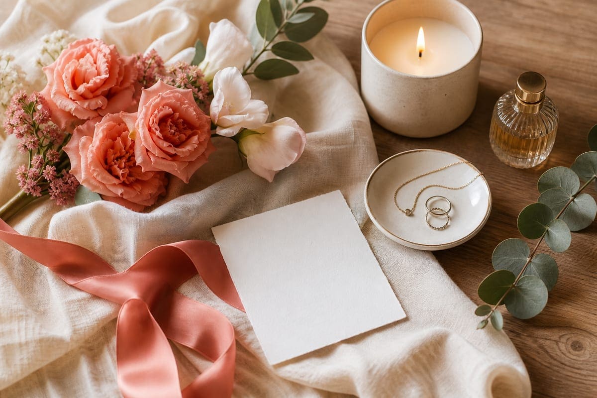 Romantic gift ideas with a candle, flowers, delicate jewelry dish, silk ribbon, and blank note on warm linen for The Top 12 Romantic Gift Ideas For Your Girlfriend.