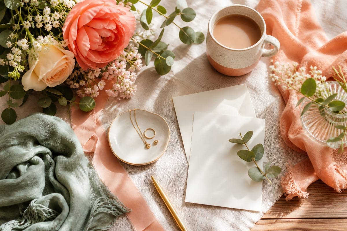 Occasion-themed thoughtful items arranged with flowers, stationery, and elegant wrapping details for Thank You Gifts For Your Girlfriend.
