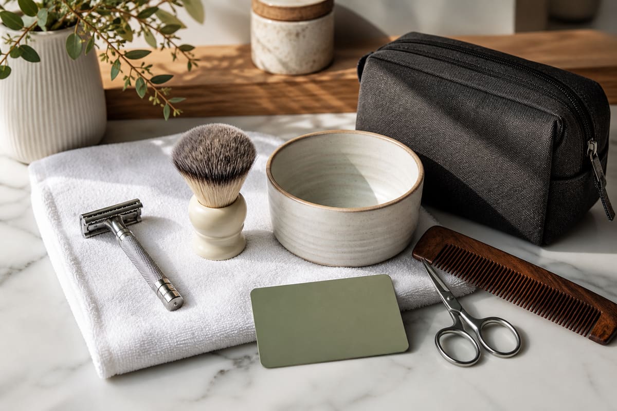 Refined shaving kit arrangement with safety razor, shaving brush, ceramic bowl, beard comb, scissors, towel, and grooming pouch.