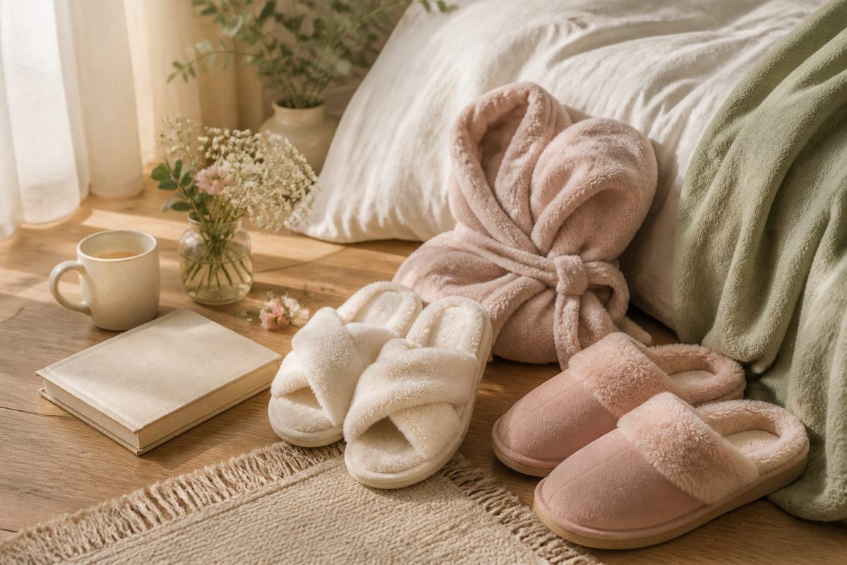 Elegant personal accessories arranged with flowers and soft fabric for The 10 best slippers to gift your girlfriend.