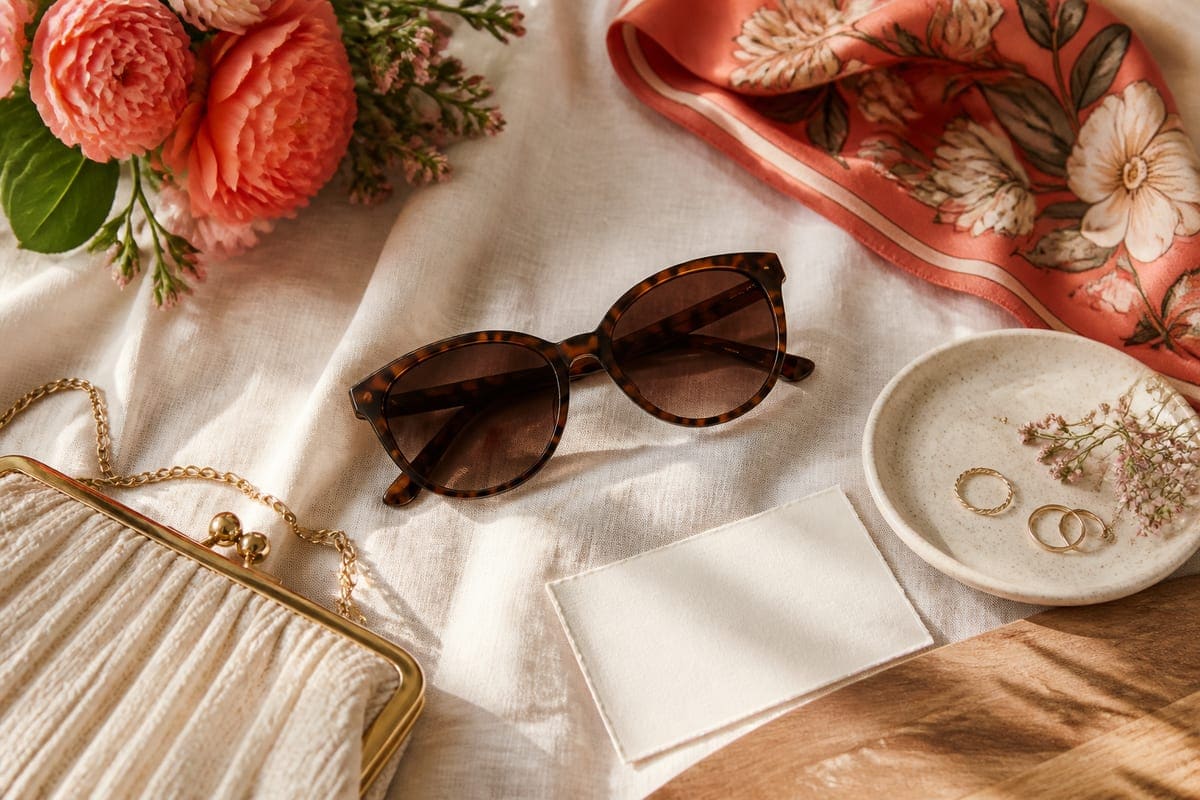 Stylish fashion accessories arranged like a magazine flat lay for The 10 Best Sunglasses To Buy Your Girlfriend.