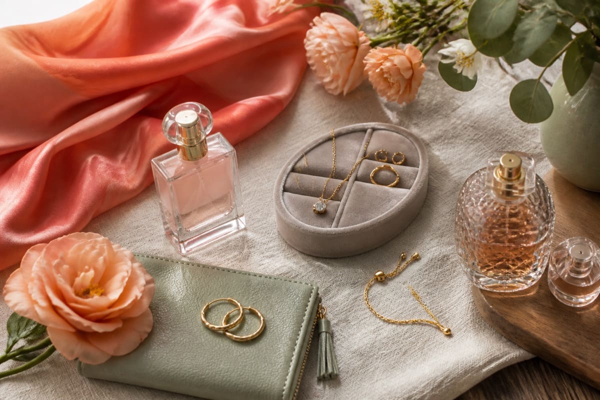 Luxury-inspired accessories with fine jewelry, silk texture, perfume bottles without labels, and soft flowers for The 10 Most Expansive Christmas Gift Ideas For Your Girlfriend.