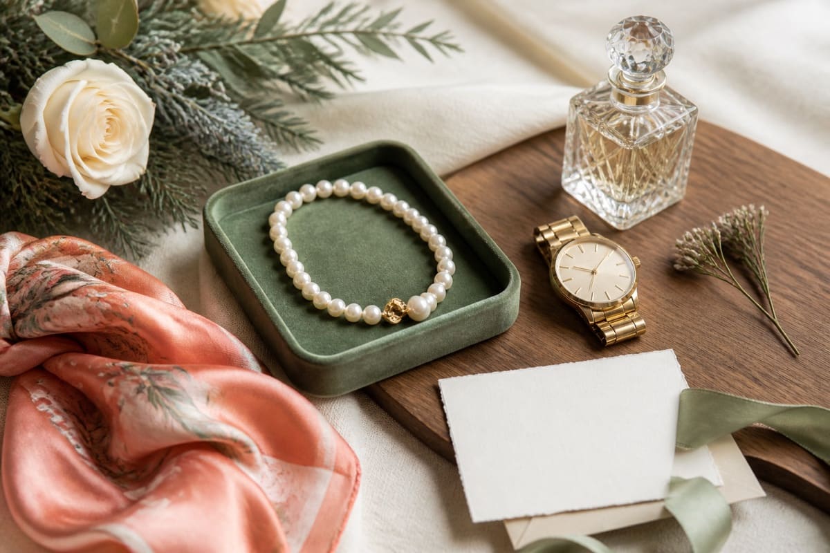 Luxury-inspired accessories with fine jewelry, silk texture, perfume bottles without labels, and soft flowers for The 10 Most Expensive Christmas Gift Ideas For Your Girlfriend.