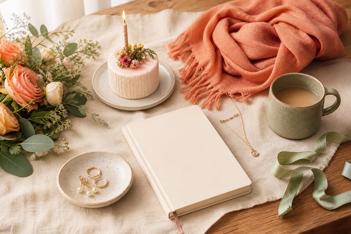 Occasion-themed thoughtful items arranged with flowers, stationery, and elegant wrapping details for The 50 Best Birthday Gifts for Your Girlfriend in 2020.