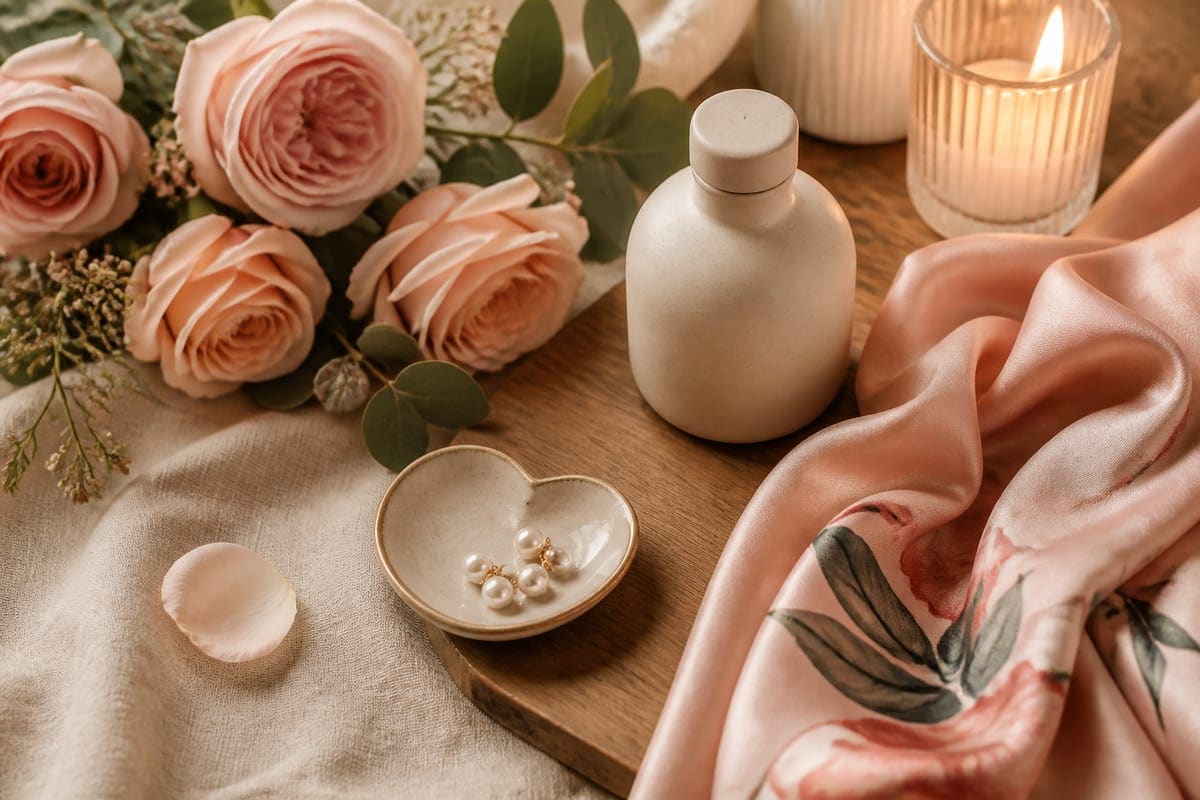 A romantic Valentine gift edit with blush roses, pearl earrings, silk scarf, ceramic scent bottle without label, heart trinket dish, and candlelight for The 50 Best Valentine's Day Gift Ideas for Her.