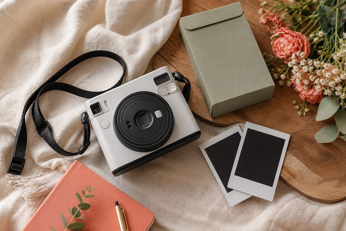 An unbranded instant camera with blank photo prints, camera strap, film pack-style box without text, and notebook for The Best 5 Polaroid Cameras To Gift Your Girlfriend.