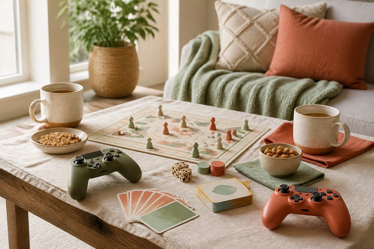 A cozy game-night setup with board game pieces, cards, dice, controllers without logos, snacks, and two mugs for The Best Games You Can Play With Your Girlfriend.