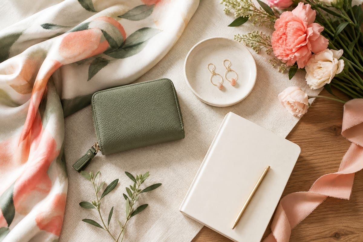Elegant personal accessories arranged with flowers and soft fabric for The Best Gift Ideas For Your Girlfriend 2018.