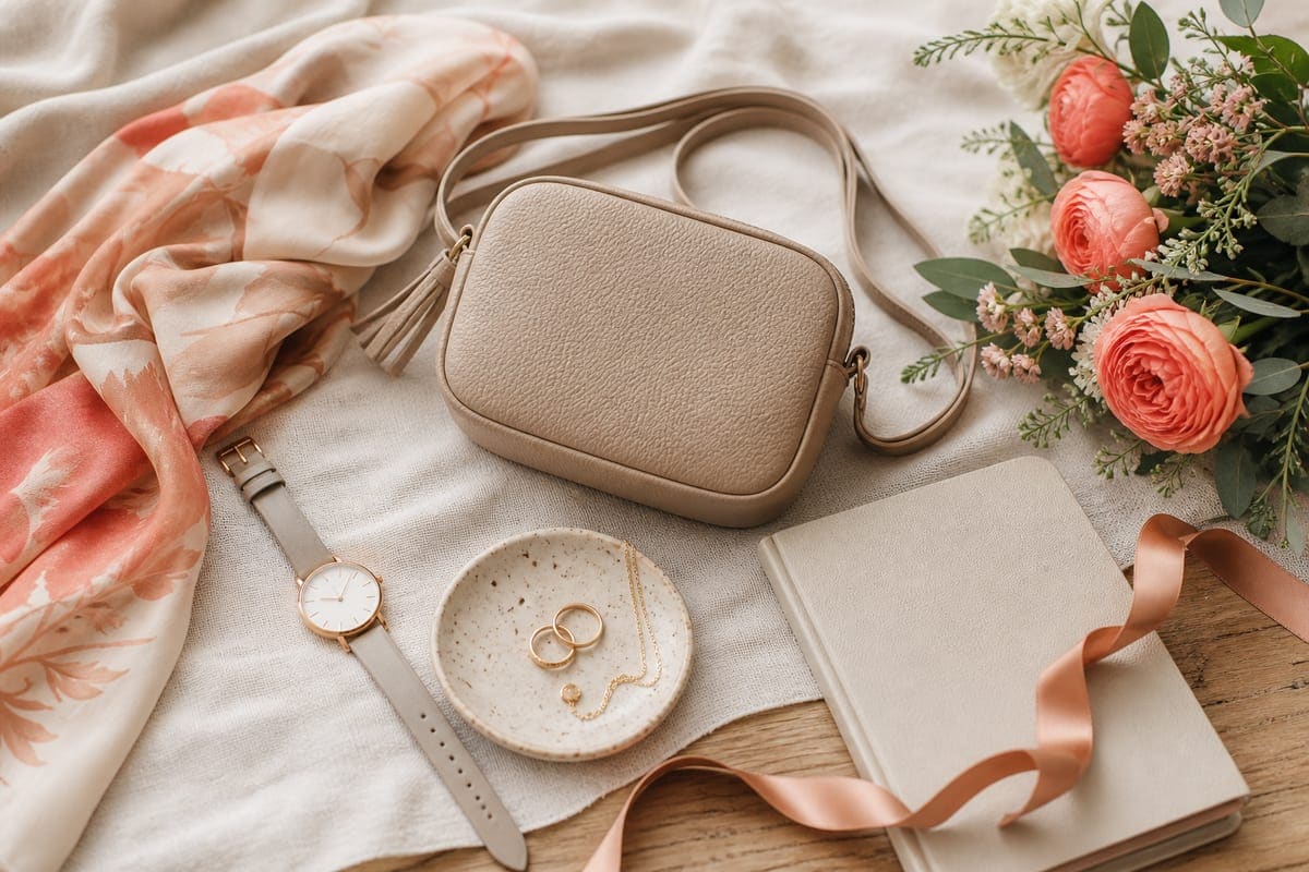 Elegant personal accessories arranged with flowers and soft fabric for The Best Gift Ideas For Your Girlfriend 2019.