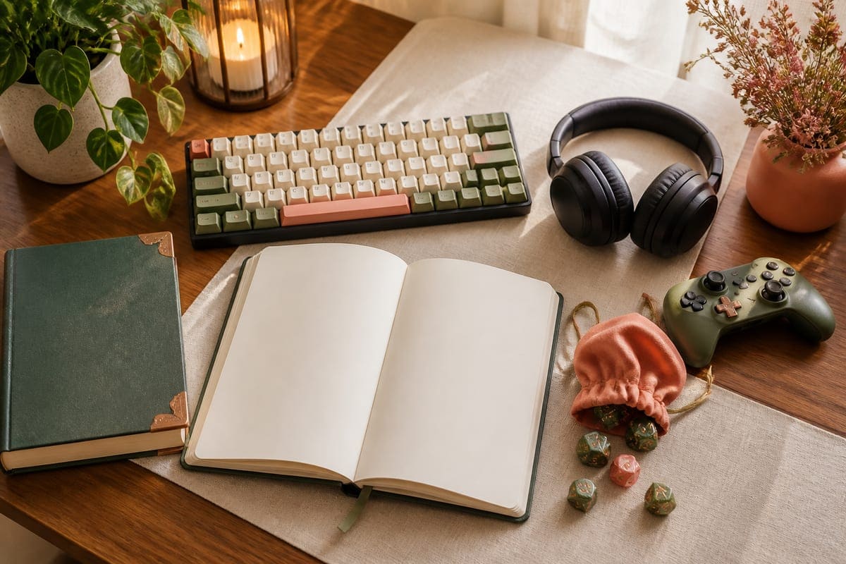 Gaming, reading, and tech accessories arranged on a clean desk with soft accent lighting for The Best Gift Ideas for Your Nerdy Girlfriend.