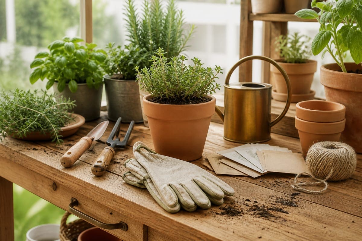 Gardening tools, seed packets without labels, gloves, and fresh herbs on a potting bench for The Best Gift Ideas If Your Girlfriend Is Into Gardening.