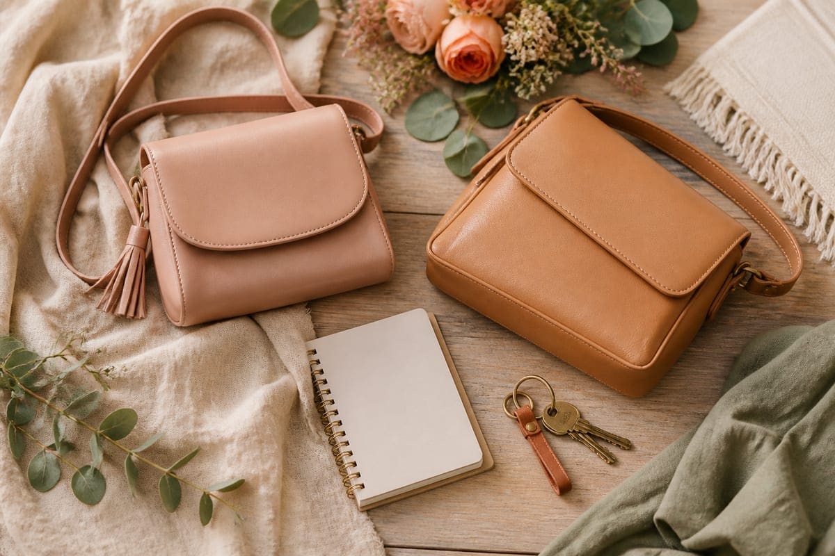 Unbranded handbags and purses arranged with a small notebook, keys, scarf, and folded fabric for The 10 Best Handbags To Gift Your Girlfriend.