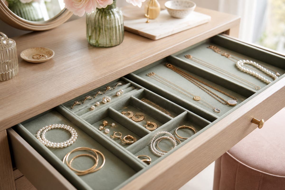 An open velvet-lined jewelry drawer organizer with rings, earrings, a pearl strand, and bracelets arranged in compartments for Top 13 Jewelry Drawer Organizers You Can Buy in 2020.