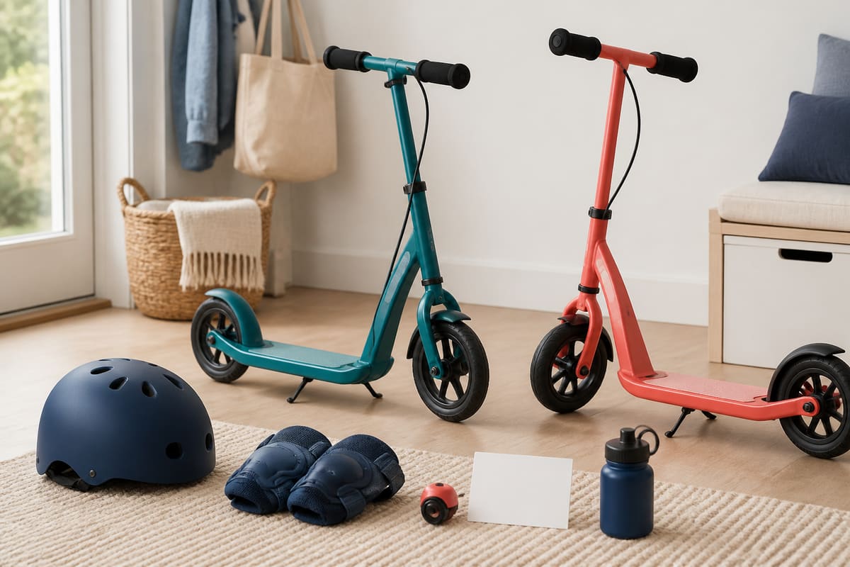 Kids scooter gift setup with two plain scooters, helmet, knee pads, bell accessory, water bottle, and blank gift card.