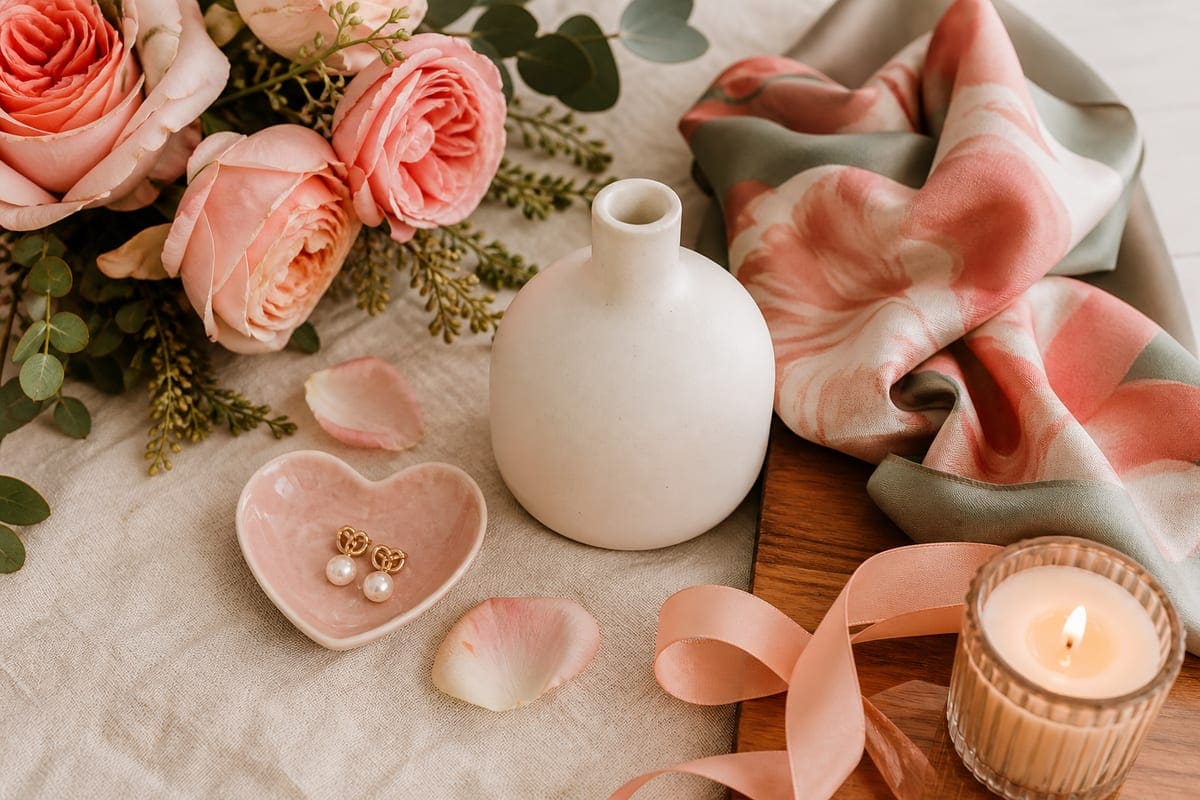 A romantic Valentine gift edit with blush roses, pearl earrings, silk scarf, ceramic scent bottle without label, heart trinket dish, and candlelight for The Best Valentines DAY Gift Ideas For Your Girlfriend 2020.