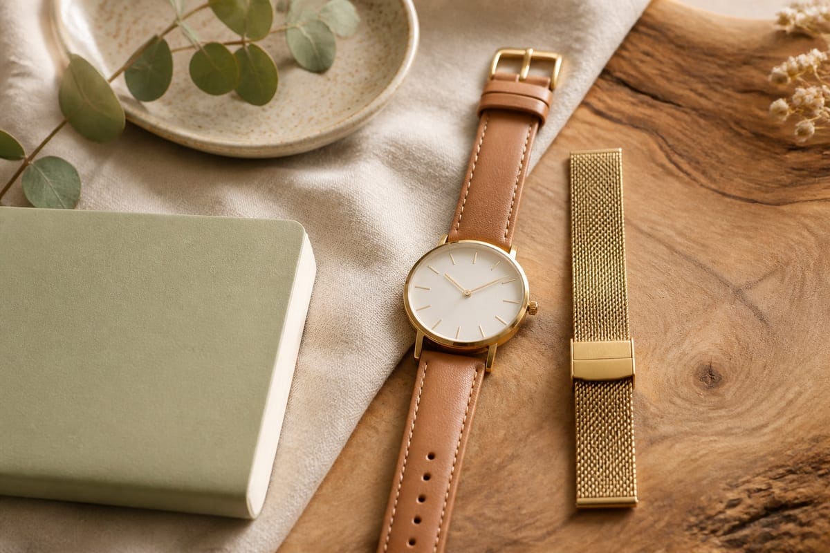 A refined watch on leather and linen with a small notebook and warm wood texture for The Best Watches To Gift Your Girlfriend.