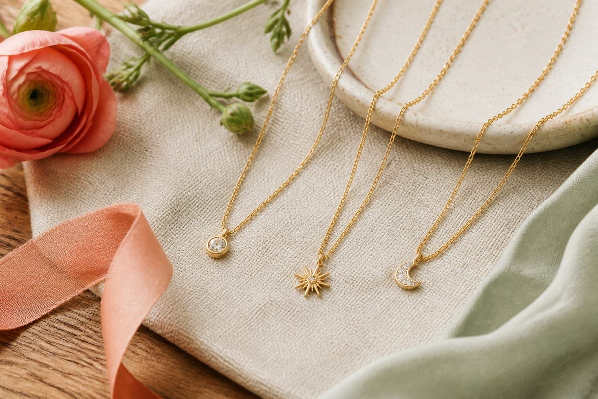 A necklace arranged on warm linen with a ceramic dish and a single flower stem for 10 Necklaces Your Girlfriend Actually Wants!.