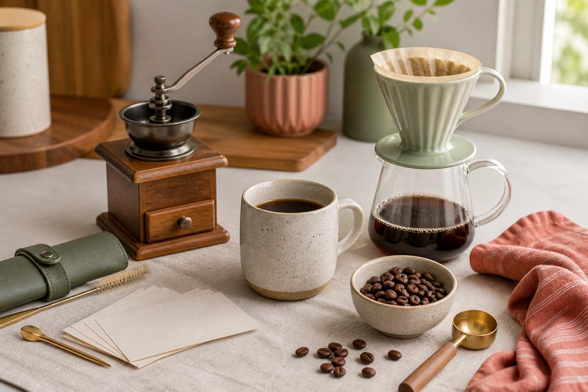 Coffee-lover gifts with pour-over dripper, mug, beans, grinder spoon, and unbranded accessories on a bright kitchen counter for The Top 14 Gifts That You Can Give to Your Coffee Loving Girlfriend.