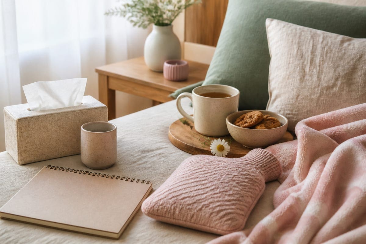 A discreet period-care support scene with hot water bottle, herbal tea, soft blanket, comfort snacks, tissues, and a blank calendar for Things you should avoid when your Girlfriend is on Period.