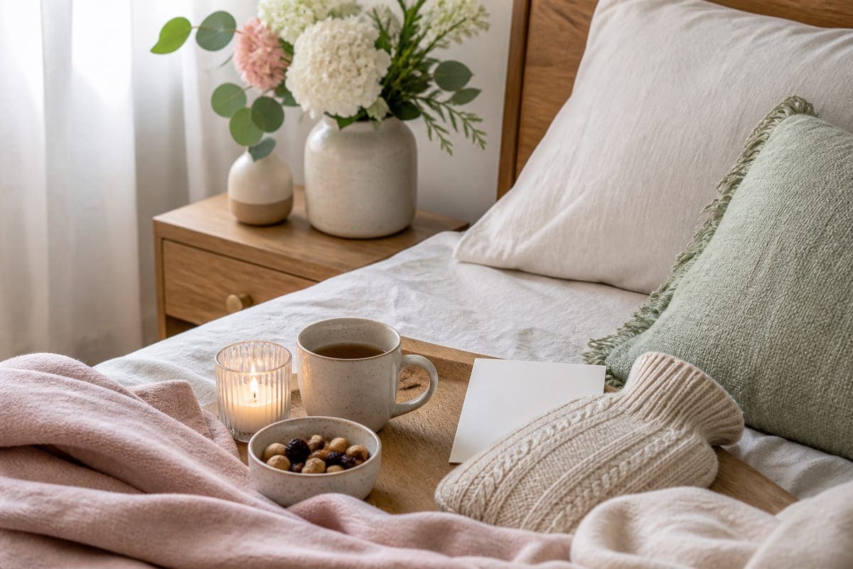 A discreet period-care support scene with hot water bottle, herbal tea, soft blanket, comfort snacks, tissues, and a blank calendar for Things you should do when your girlfriend is on her period.