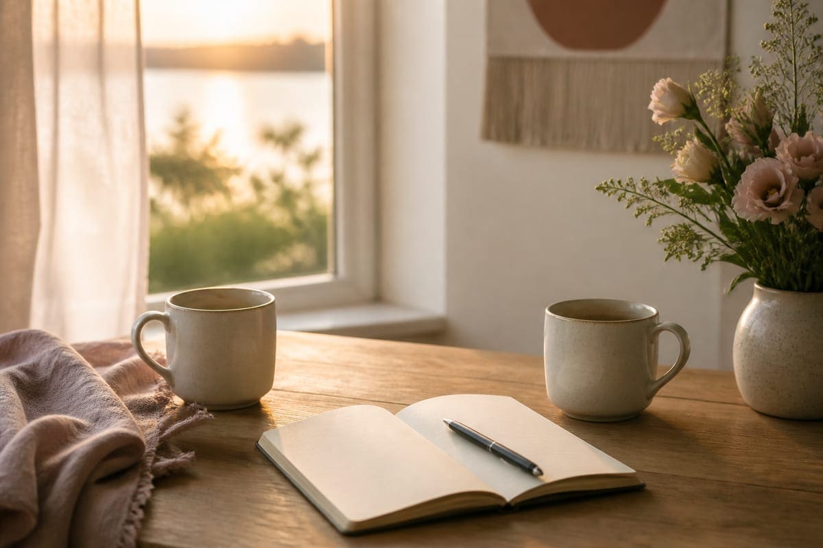 A warm relationship-care scene with two mugs, a journal, flowers, and soft evening light for Things You Should Never Do To Your Girlfriend.