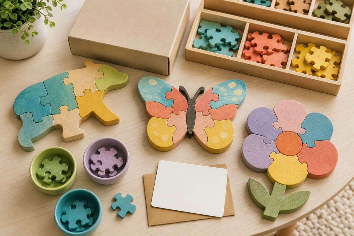 Wooden puzzle gift table with butterfly, flower, and animal puzzles, sorting bowls, blank puzzle box, and blank gift card.