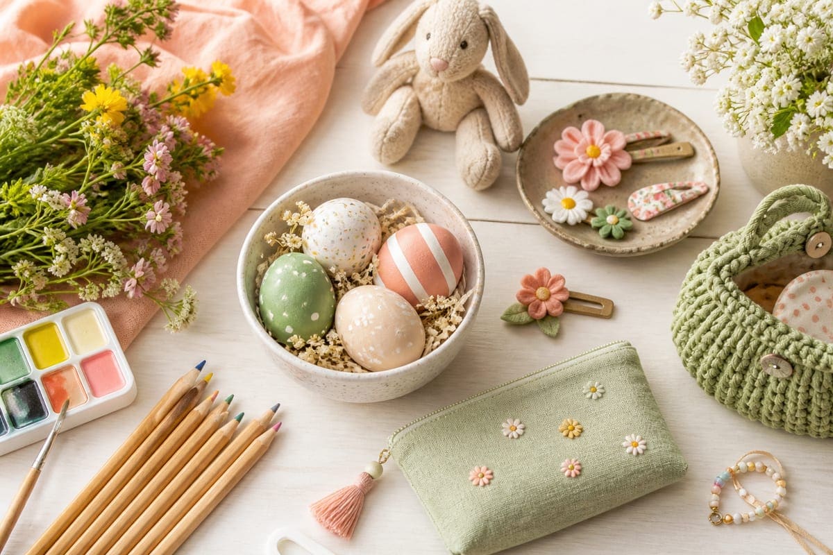 Spring Easter gift objects with pastel craft supplies, painted eggs in a ceramic bowl, watercolor pencils, a soft toy accent, and wildflowers for Top 10 Easter Gifts for Girls.