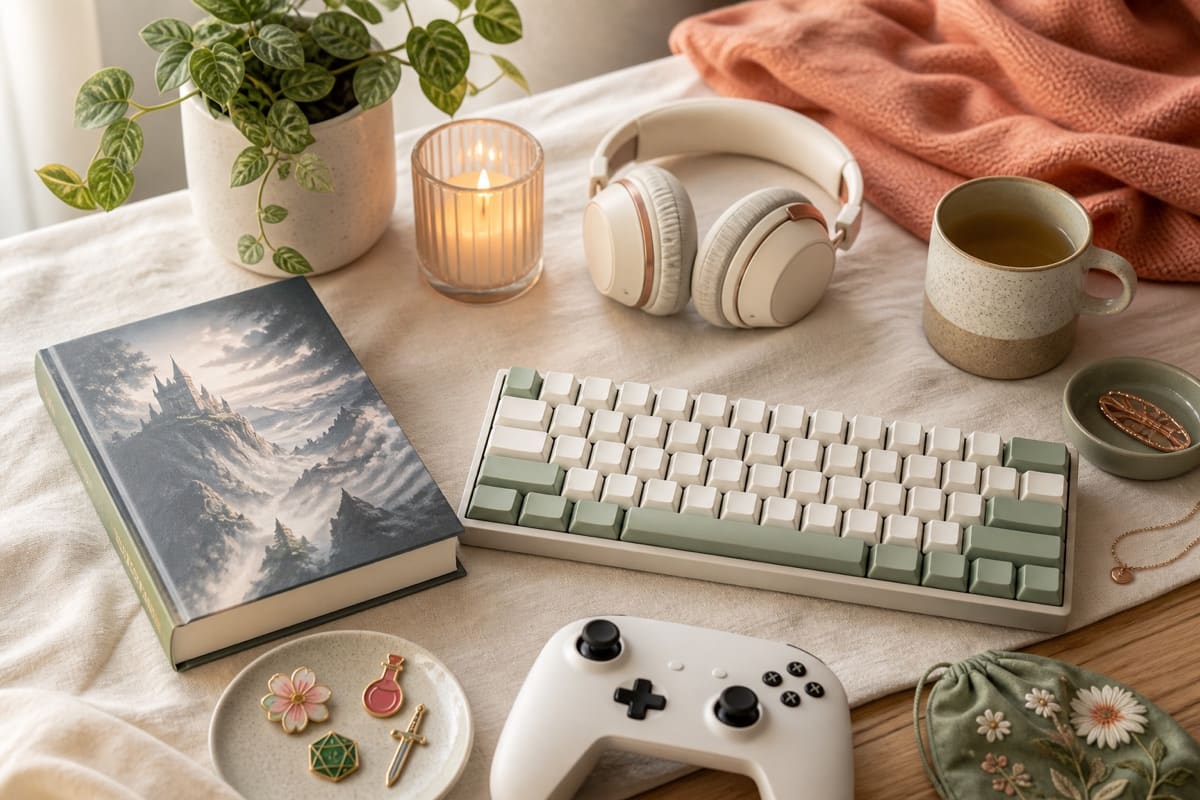 Gaming, reading, and tech accessories arranged on a clean desk with soft accent lighting for Top 10 Fabulous Christmas Presents for your Nerdy Girlfriend.
